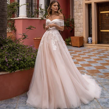 Eightree נסיכת שמלות חתונה מודרנית שמלת הכלה אפליקציות מחוץ כתף קו A טול רכבת לטאטא שמלות חתונה גודל מותאם אישית