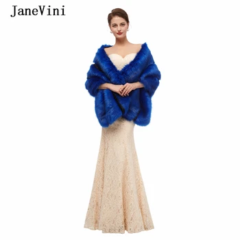 JaneVini 2020 כחול רויאל חורף חם החתונה קייפ הפרווה המזויפת בולרו כלה צעיפים ואת עוטפת גלימה באיכות גבוהה אביזרים החתונה