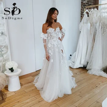 SoDigne 3D פרחים תחרה בוהו שמלות חתונה קו A אפליקציות מחוץ כתף שמלות כלה נסיכה עם שסע הכלה השמלה 2023