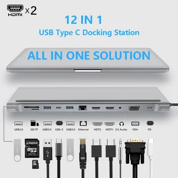 USB C 12 1 מרכז כפולה 4K HD RJ45, VGA 3.5 מ 