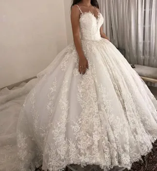 Vestido De נוביה יוקרה שמלת נשף שמלות חתונה 2023 רצועות ספגטי תחרה אפליקציה שמלות כלה רכבת לטאטא כלה Dresse