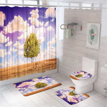 המדינה השדה עץ וילון מקלחת להגדיר נוף טבעי כחול שמיים ענן לבן אמבטיה וילונות החלקה לשטיח כיסוי האסלה שטיחון לאמבטיה