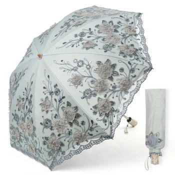 חליפת גשם שמש מטרייה בגשם אישה תחרה ברור קיפול מטריה Windproof בד השמשייה שחור CoatingHousehold פריטים XF11GM