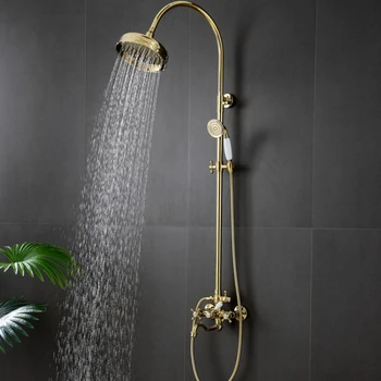 מקלחת זהב עם סט רטרו כפול שליטה קרים וחמים שלוש לתפקד באופן מלא נחושת מקלחת, מתכוונן עבור משק הבית אמבטיה