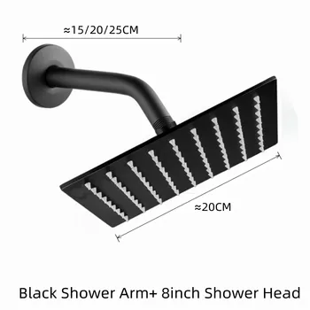 שחור נירוסטה 8inch גשמים העליון ראש מקלחת עם 15/20/25CM קיר רכוב מקלחת היד אביזרי אמבטיה